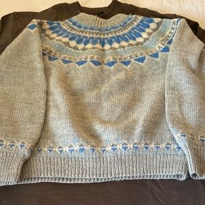 Elegant Hand Knit Gray and Blue Patterned Nordic Sweater nordic 100% Virgin Wool